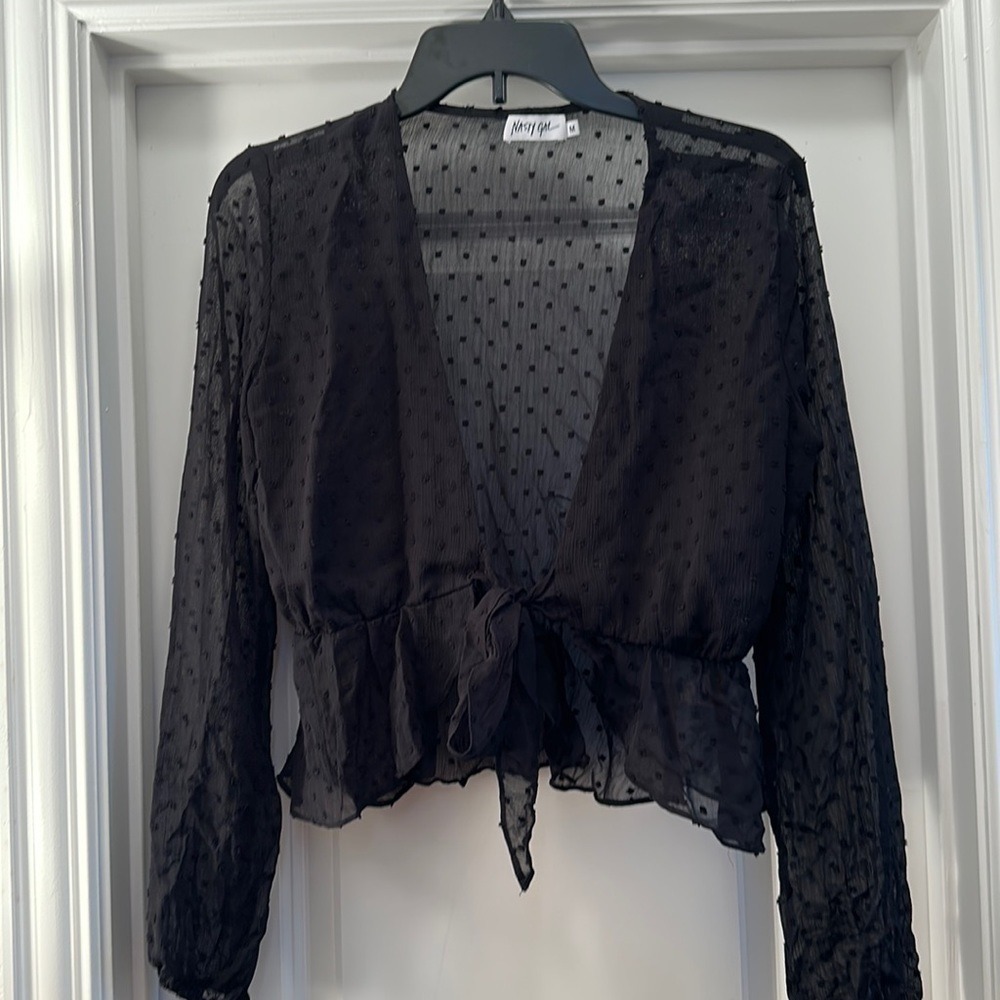 Nasty Gal Black Swiss Dot Tie Front Long Sleeve Crop‎ Peplum Blouse Size Medium